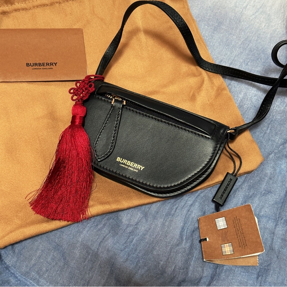 Authentic Nwt Burberry Micro Olympia Black Leather Crossbody Card Case Pouch Bag